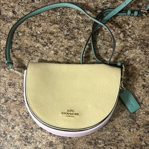 Coach Pebbled Leather Saddle Crossbody — Yellow, Pink & Green